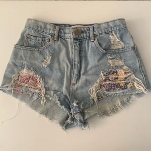 Garage Festival Shorts - Distressed Jean Shorts with Patchwork Pockets